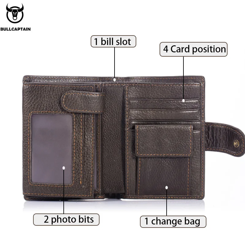 Мужской кожаный кошелек BULLCAPTAIN короткий на молнии с тремя складками и застежкой