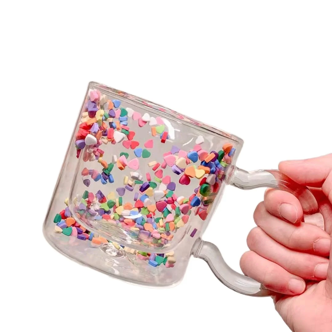 

Creative Childlike Color Love Polka Dot Water Cup Quicksand transparent double glass water cup girl's cup