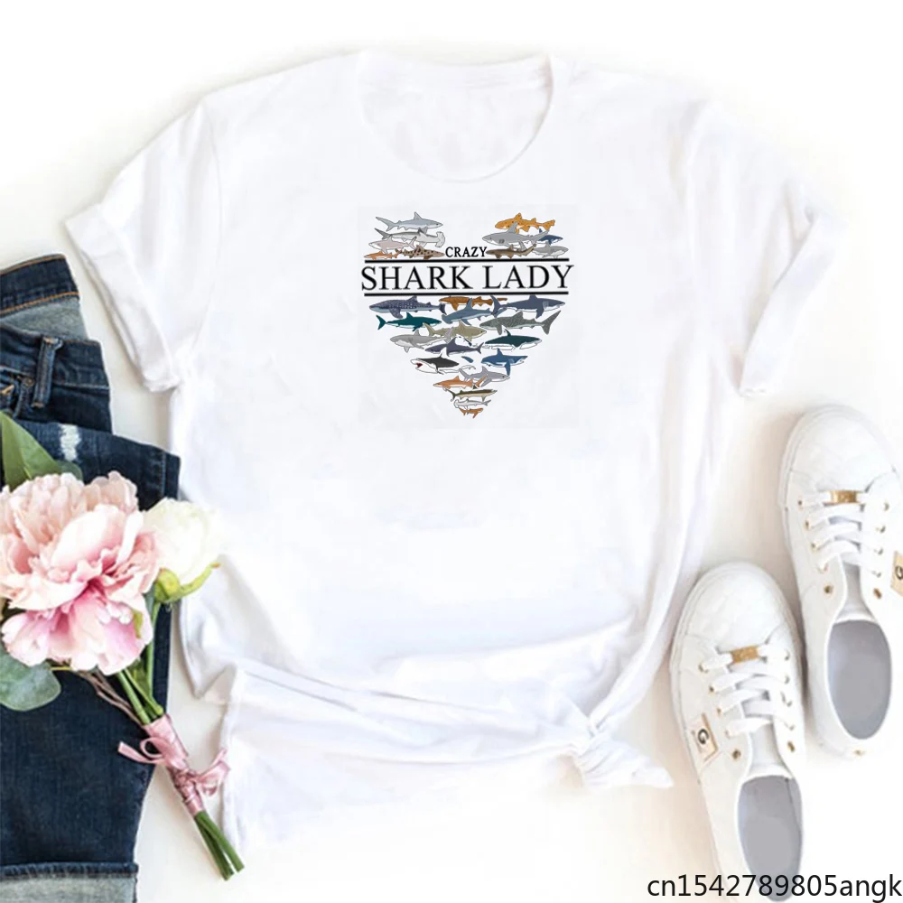 

Shark Lady Funny Sea Animal Pattern Women Tshirt Streetwear Aesthetic Printing