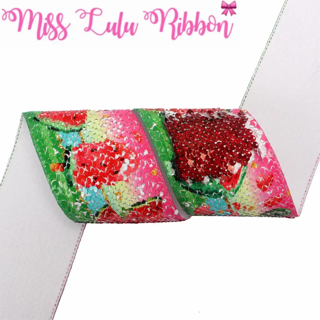 3&quot75mm Fruits Series Summer Watermelon Printed Double Reversible Hologram Red Sequin Ribbon DIY Hair Bowknots 46yards | Дом и сад