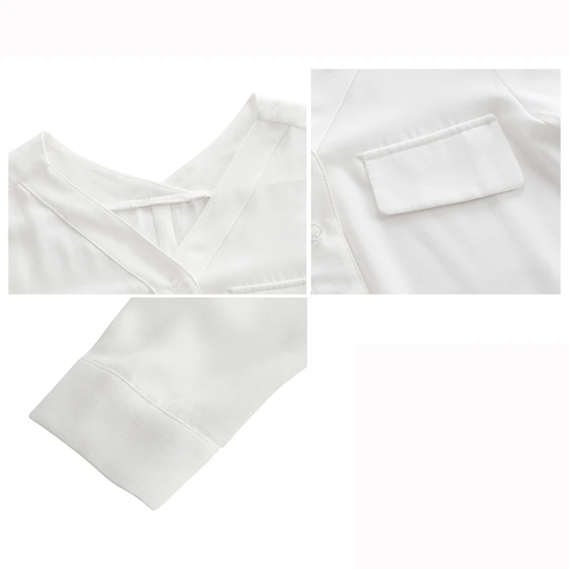 

LJSXLS 2021 Spring White Chiffon Button V-neck Long Sleeve Blouses Women Solid Pockets Loose Temperament Versatile Ladies Tops