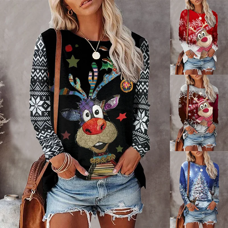 

Christmas Vintage O-Neck Long Sleeve T Shirt Women Autumn Winter Top Flower Deer Christmas Tree Print Casual Y2k Clothes T-shirt