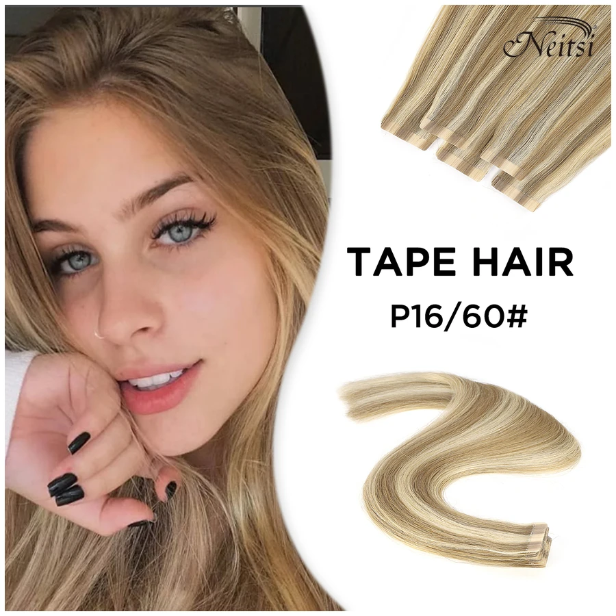 

Neitsi Invisible Remy Tape In Extensions Straight Real Adhesive Human Hair Double Drawn Skin Weft 20" 2.5g Ombre Balayage Color