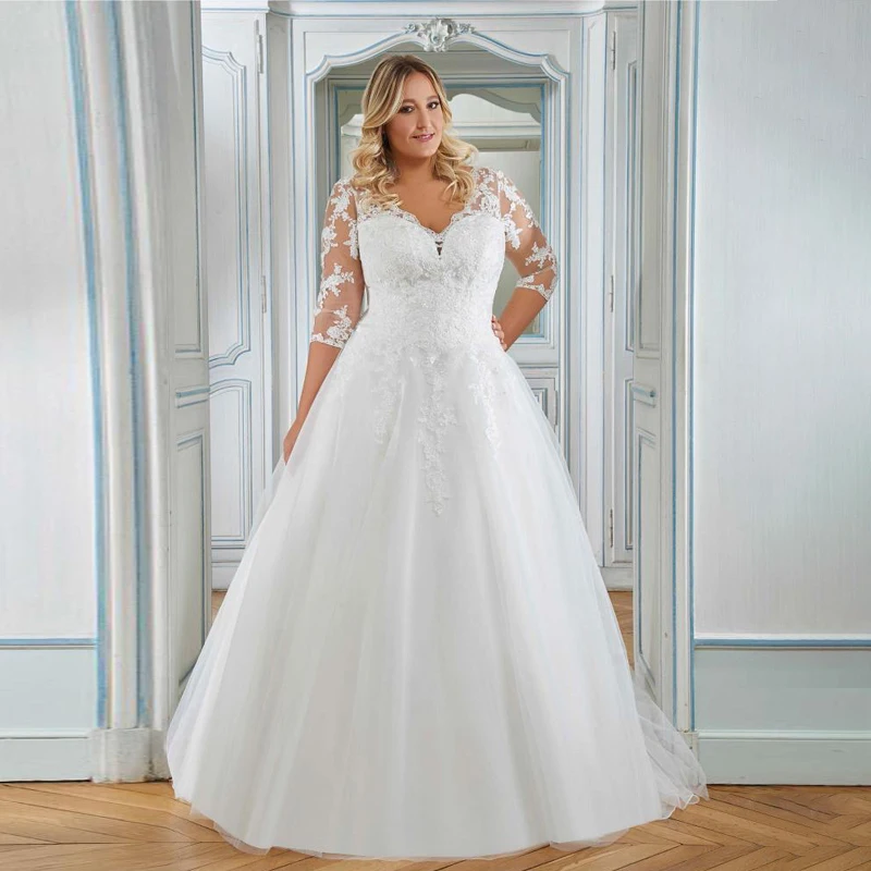 Elegant Wedding Dress Plus Size 3/4 Sleeves V Neck Tulle Lace Applique Vestido De Noiva Bride Dresses Big Size Women Modest 2021