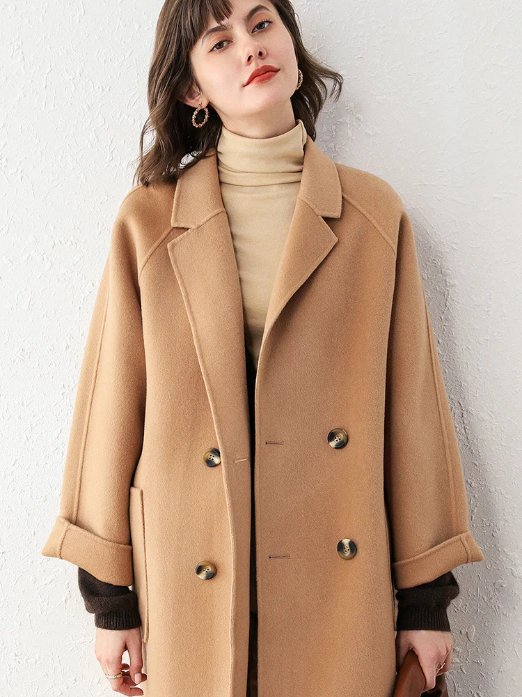

Женское двустороннее кашемировое пальто Shzq, шерстяное пальто средней и длины из 2021 чистой шерсти, Осень-Зима 100%