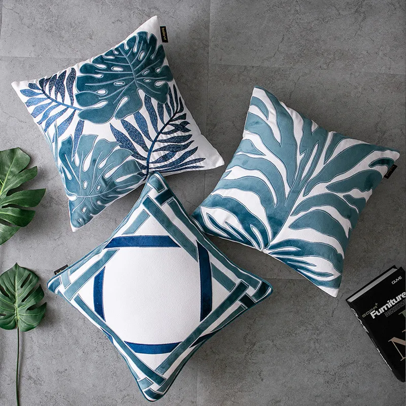 

American Embroidery Pillow Cushion Cover Cushions Covers Geometric Blue Cojines Decorativos Para Sofa Decor Housse De Coussin