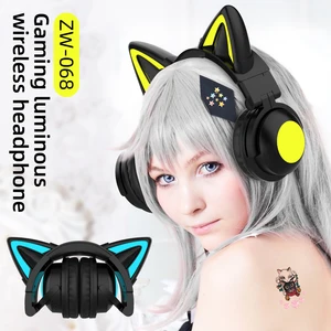zw068 bluetooth headphones led light cat ears headset wireless earphone headphones bluetooth wireless for samsung for pc free global shipping