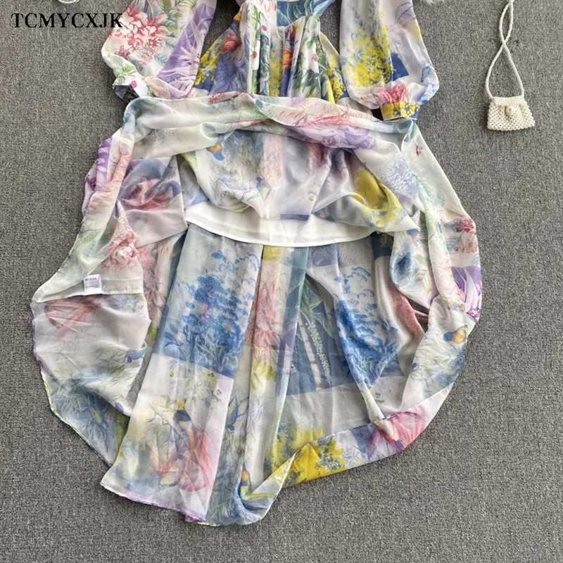 

Spring Summer Flower Printed Dresses A-line Beach Holiday Chiffon Dress Single Breasted Casual Maxi Dresses For Women vestido