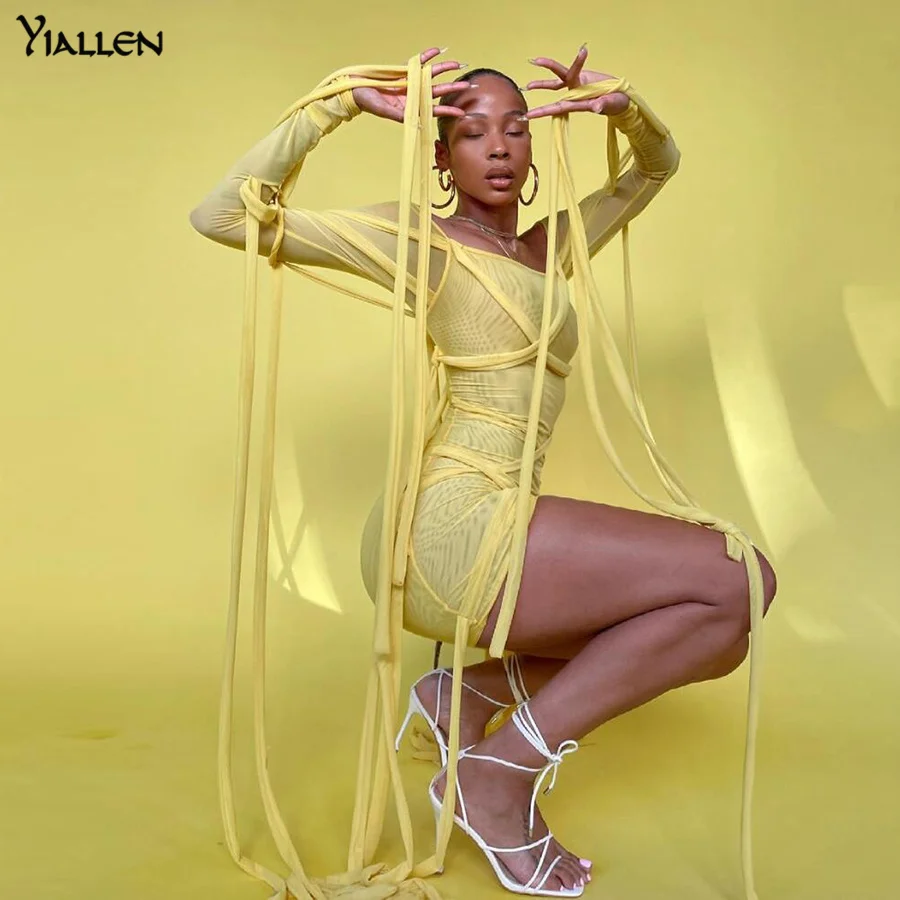 

Yiallen Mesh See Through Off The Shoulder Bodycon Dress Sexy Clubwear Full Sleeve Tube Top Mini Skirt Female Drawstring Clothing