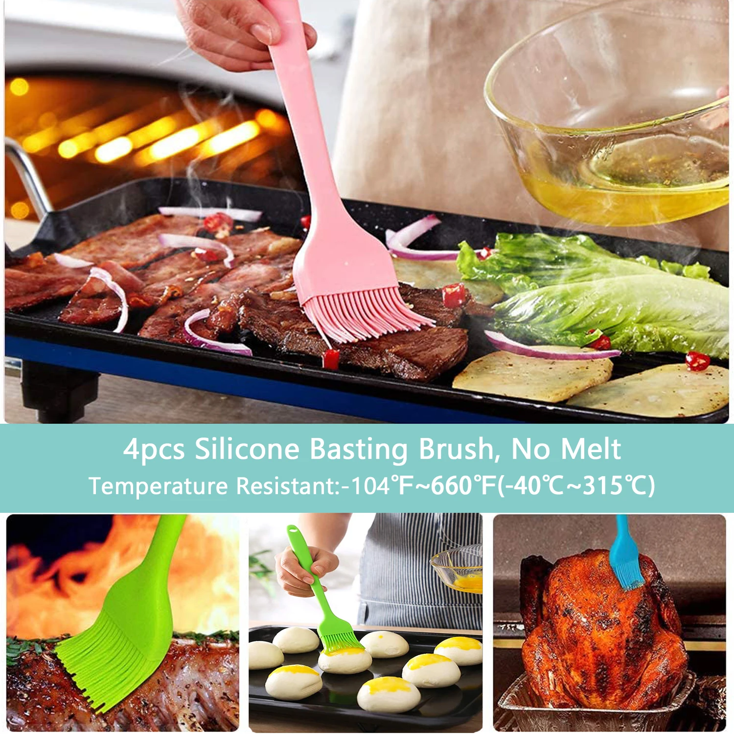Estera antiadherente para parrilla de barbacoa, 100%, f&aacute;cil de limpiar, reutilizable, resistente al calor, con 4 Uds. De cepillo de silicona, accesorios para barbacoa-3