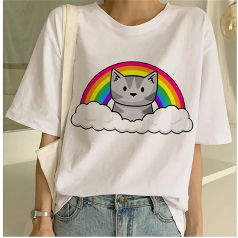 LINNA 2020 Kawaii забавный кот мультфильм футболка женская Ullzang Повседневная Милая 90s с