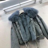 natural rabbit fur liner short denim coat women plus velvet padded jacket 2019 autumn winter new real fox fur collar warm parkas