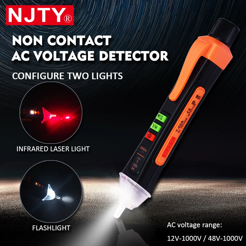 

NJTY Non-contact Tester Pen AC Voltage Detector Meter Sensitivity Adjustable Tester 12-1000V Voltage Tester With Infrared laser