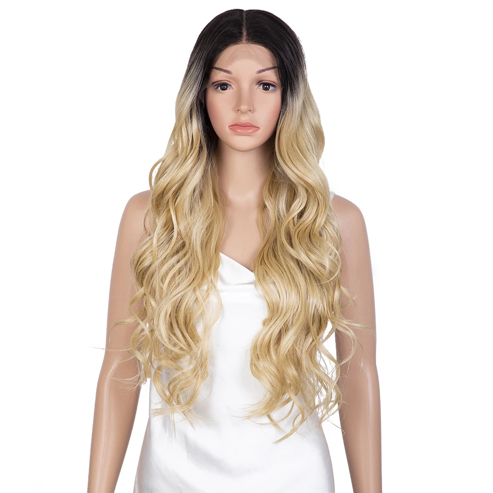 

Поднятая мода длинный волнистый стиль парик 32 дюйма средняя часть кружева и передний парик термостойкий парик для женщин