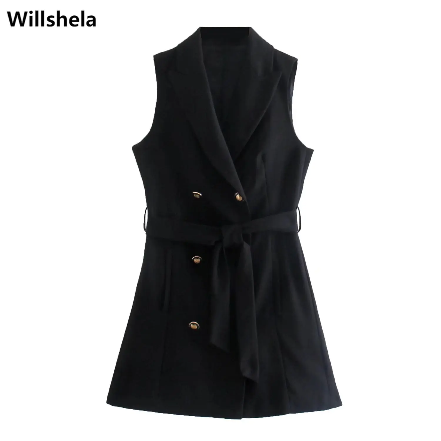 

Женское двубортное мини-платье Willshela, с поясом, без рукавов, с английским воротником