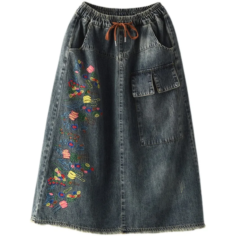 

NINI WONDERLAND 2021 Spring Embroidery Denim Vintage Retro Skirt Summer Women Elastic Waist A-line Midi Skirt Fringed Skirts