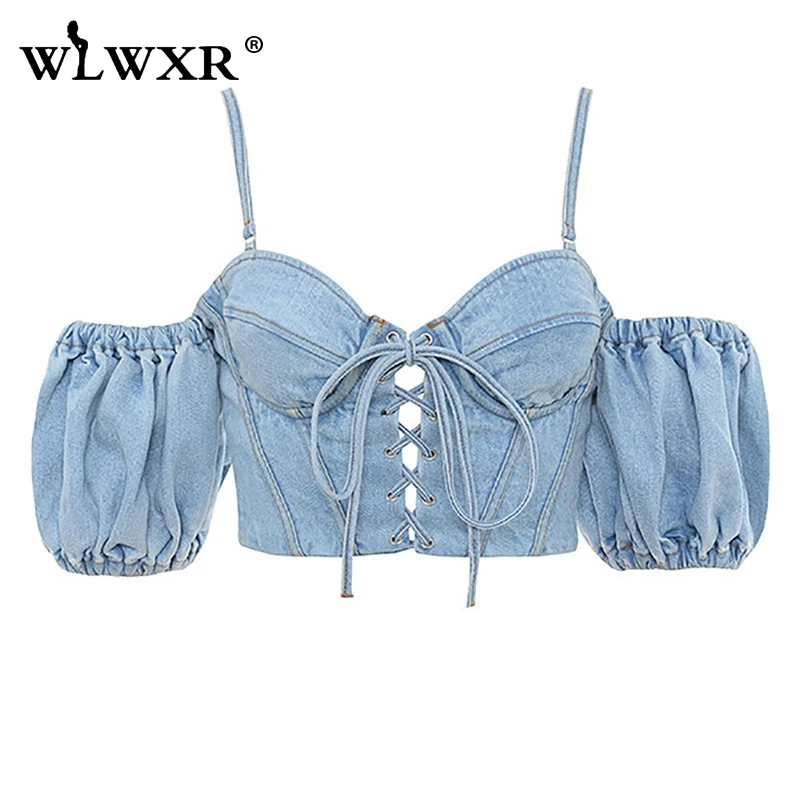 WLWXR на шнуровке джинсовый сексуальный облегающий укороченный Топ для женщин