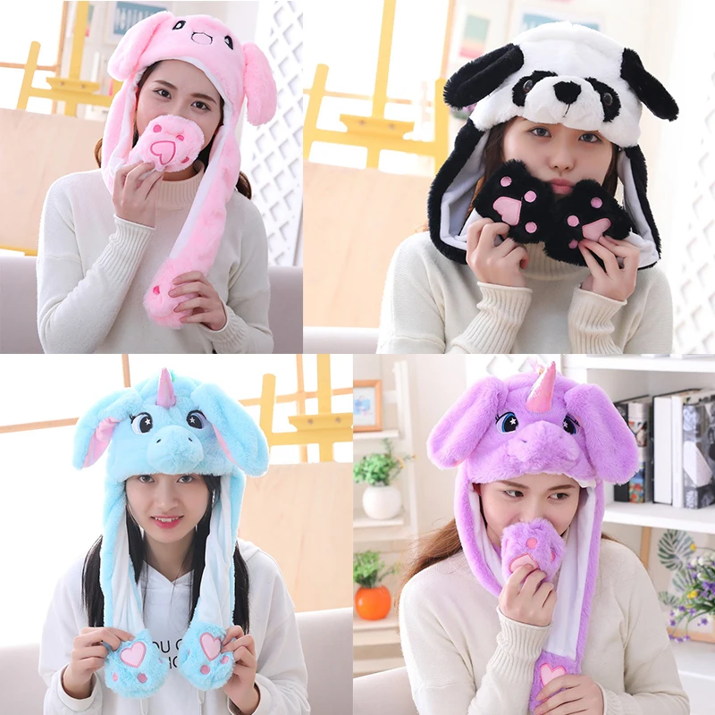 2021 Girls Plush Moving Rabbit Ears Hat Cartoon Stich Funny Cap Kids Party Unicorn Airbag Anime Hats Women Move Jumping Ear | Детская