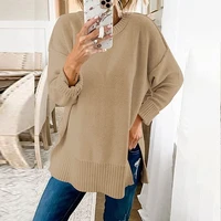 autumn oversized sweater women 2021 elegant knitted solid basic pullovers o neck loose soft female split jumper knitwear tops