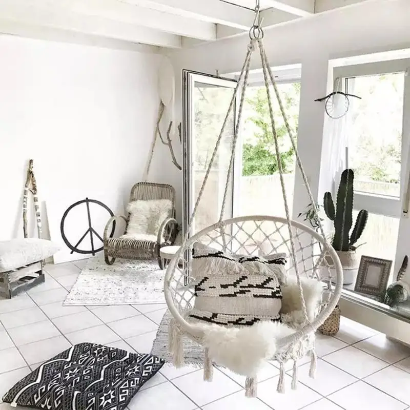 

White Hammock Nordic Style Round Hanging Chair Outdoor Indoor Dormitory Garden Balcony Single Safety Hammock For Child Adult