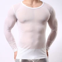 mens sexy transparent t shirt sheer see through mesh long sleeve t shirt tops undershirt fitness tight blackwhite lounge tees
