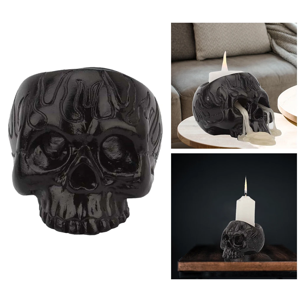 

Resin Black Skull Candle Holder Candlestick Statue Craft Halloween Decor