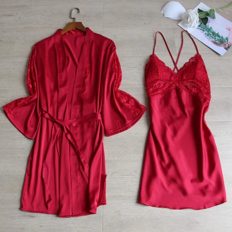 

Sleepwear 2PCS Robe Set Women Nightgown Lace Trim Nightwear Summer New Kimono Bathrobe Gown Casual Home Wear Intimate Lingerie