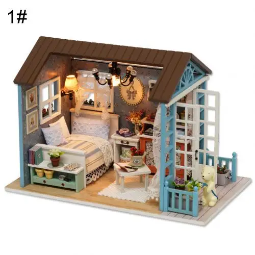 3D Деревянный DIY сборный миниатюрный кукольный домик, игрушки для спальни, модель с чехлом, кукольный дом, мебель для детей, подарки на день рождения Xams - Цвет: 1