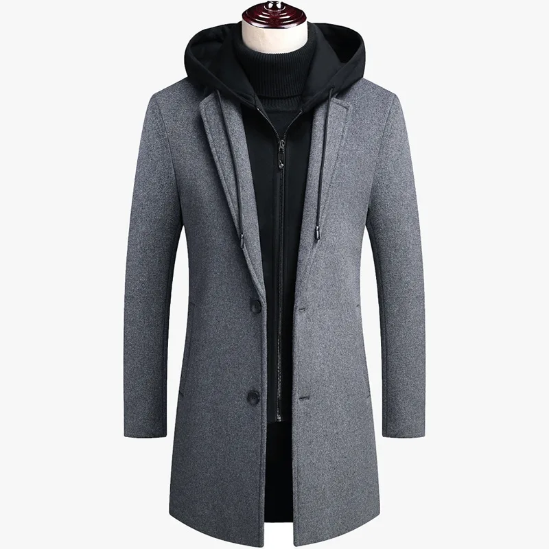 

New Fashion Men‘s Hooded Wool Jacket Autumn Winter Mens Long Windproof Warm Wool Coat Thick Slim Fit Jacket Male -40