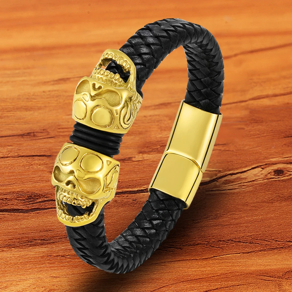 Браслет мужской из натуральной кожи золотистый Магнитный плетеный браслет с