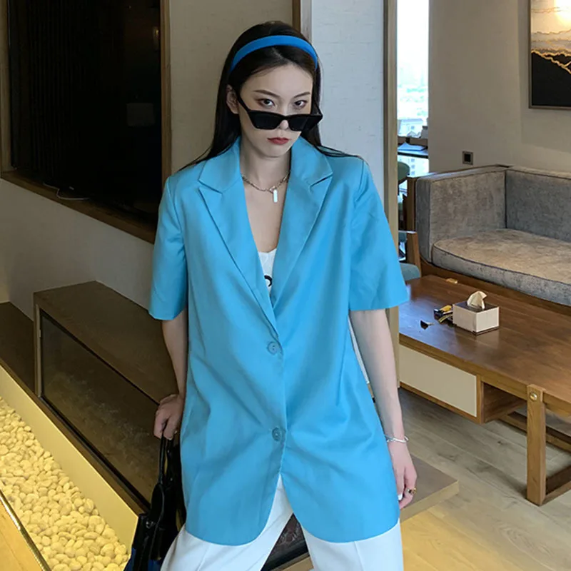 

TWOTWINSTYLE Hollow Out Blue Blazer For Women Notched Short Sleeve Minimalist Casual Blazers Female Fashion New Clothing 2021