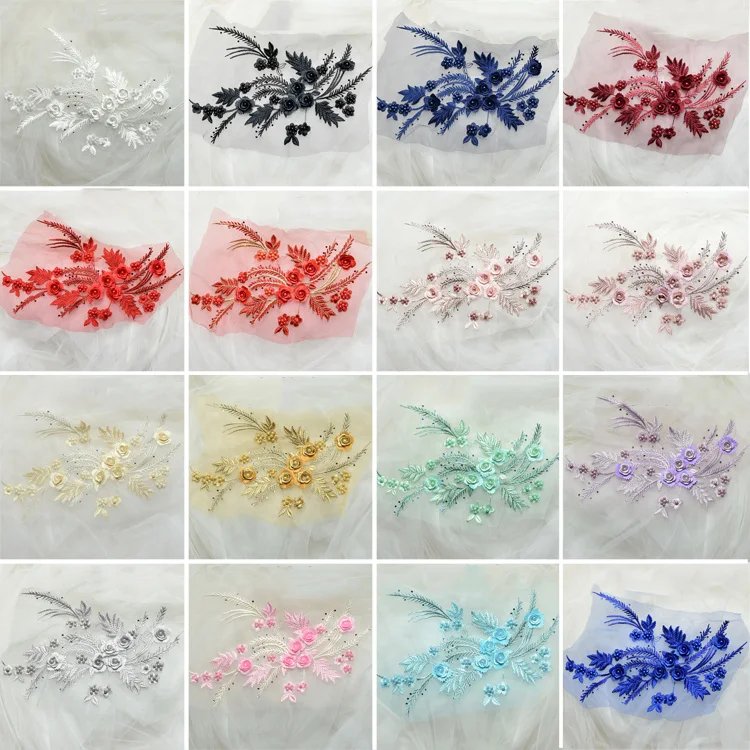 2 шт. вышитая бисером Цветочная кружевная нашивка из полиэстера аппликация ткань