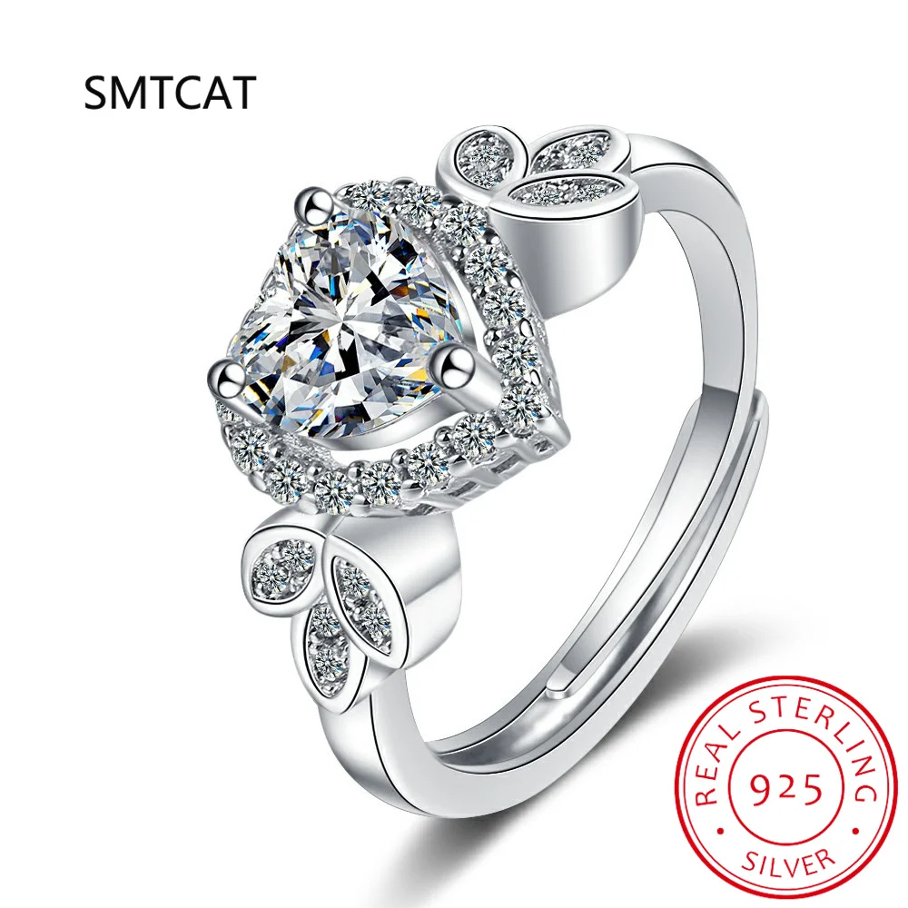 

925 Sterling Silver Ring For Women Romantic Propose Marriage Heart Natural Zirconia Leaves Ring Adjustable Bridal Wedding Bijoux