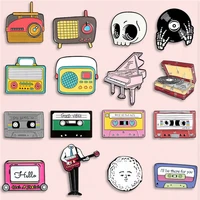 music collection enamel pin radio dish recorder piano brooches denim jeans shirt bag cartoon art jewelry gift for friends