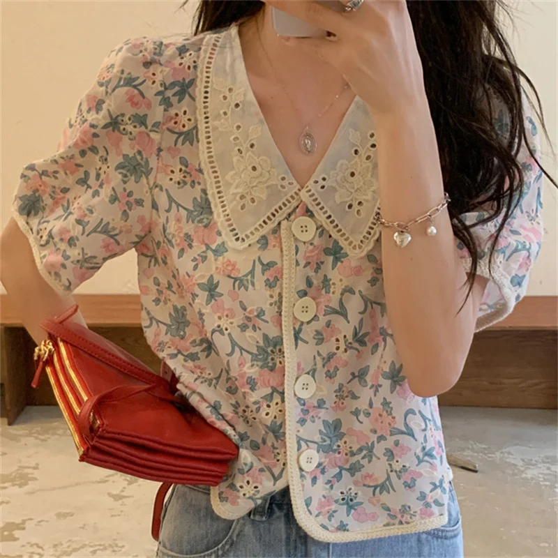 

High Quality Summer Fashion Vintage Elegance 2021 Florals Hot All Match Slim Gentle Chic Office Lady Blouses Tops