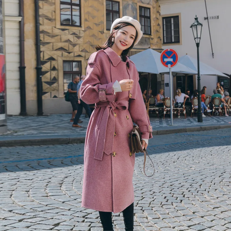 Женское офисное длинное шерстяное пальто однотонное облегающее двубортное