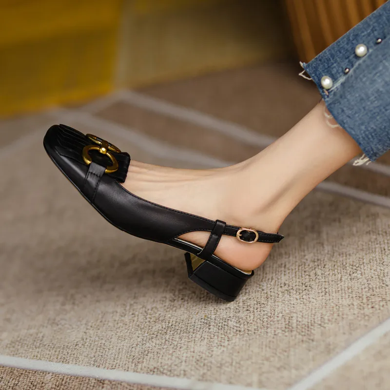 

FEDONAS 2021 Fashion Women Sandals Metal Decoration Genuine Leather Back Strap Thick Heels Pumps Buckle Working Prom Shoes Woman