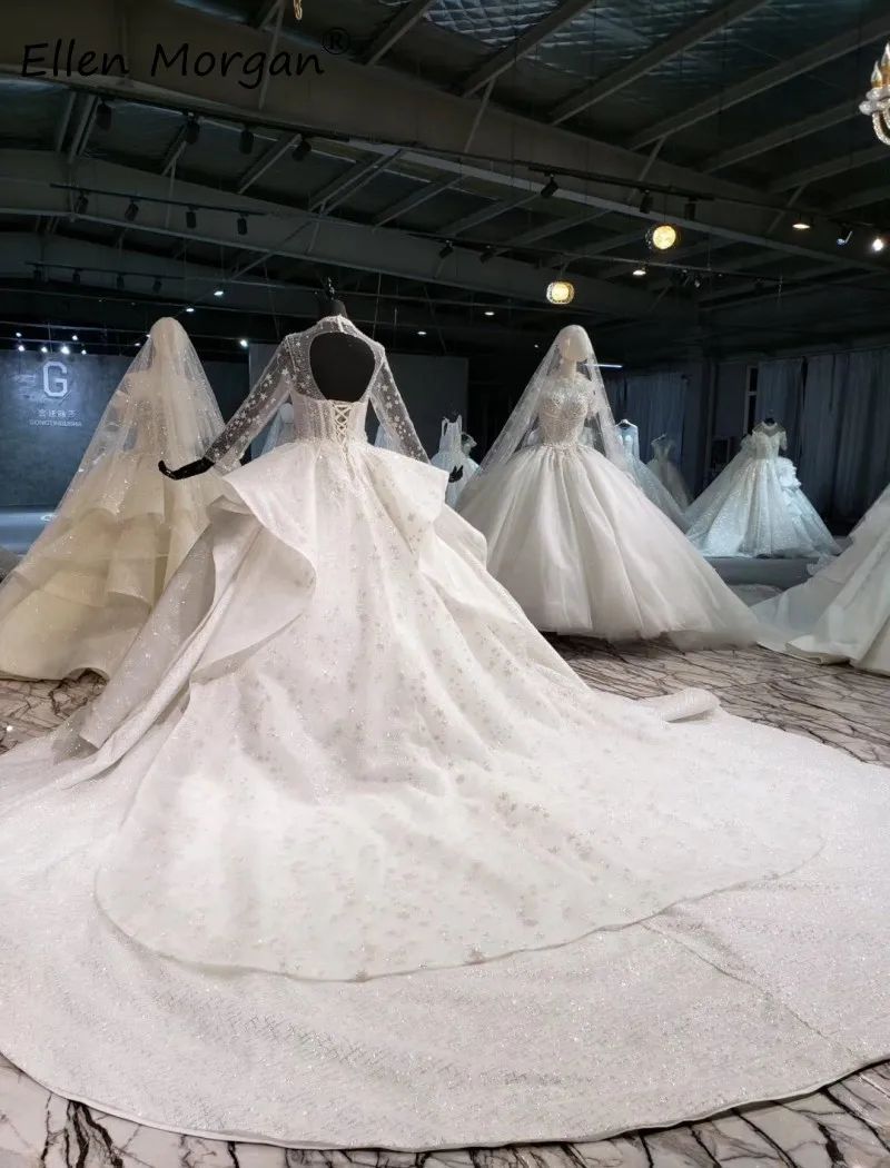 Ivory Glitter Long Sleeves Ball Gowns Wedding Dresses 2020 Elegant Corset Lace Puffy Backless Princess Bridal for Women | Свадьбы и