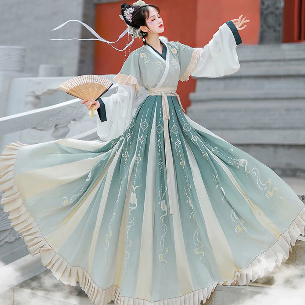 Original Hanfu Women's Costume Authentic Chinese Cabbage Dance Dress Waist Length Cross Collar Hanfu 6m Full Set Chinese Style