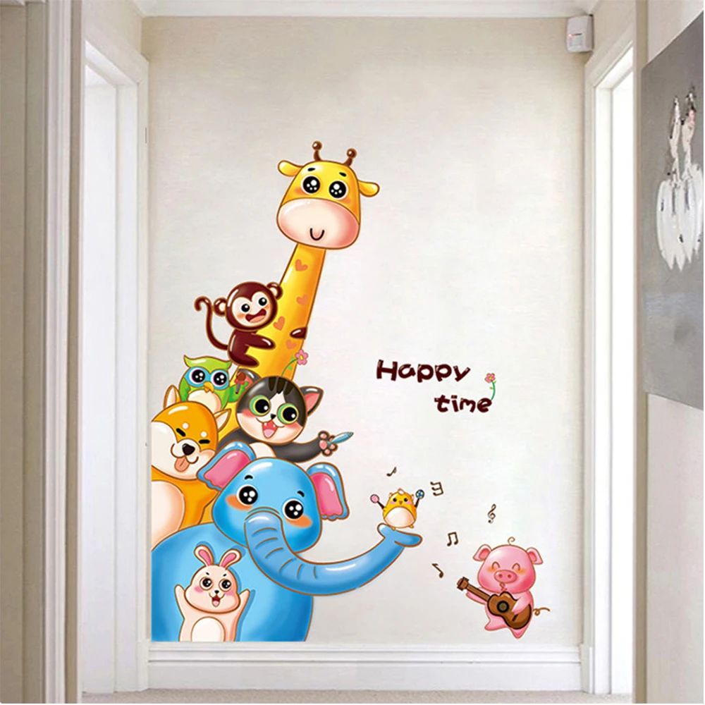 Фото Забавные мультяшные настенные наклейки для детской комнаты жираф Лев лиса слон