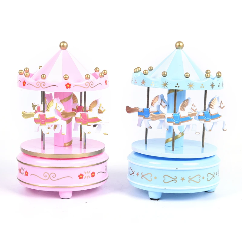 

3 Colors Wooden Merry-Go-Round Carousel Music Box Kids Toys Gift Wind-Up Musical