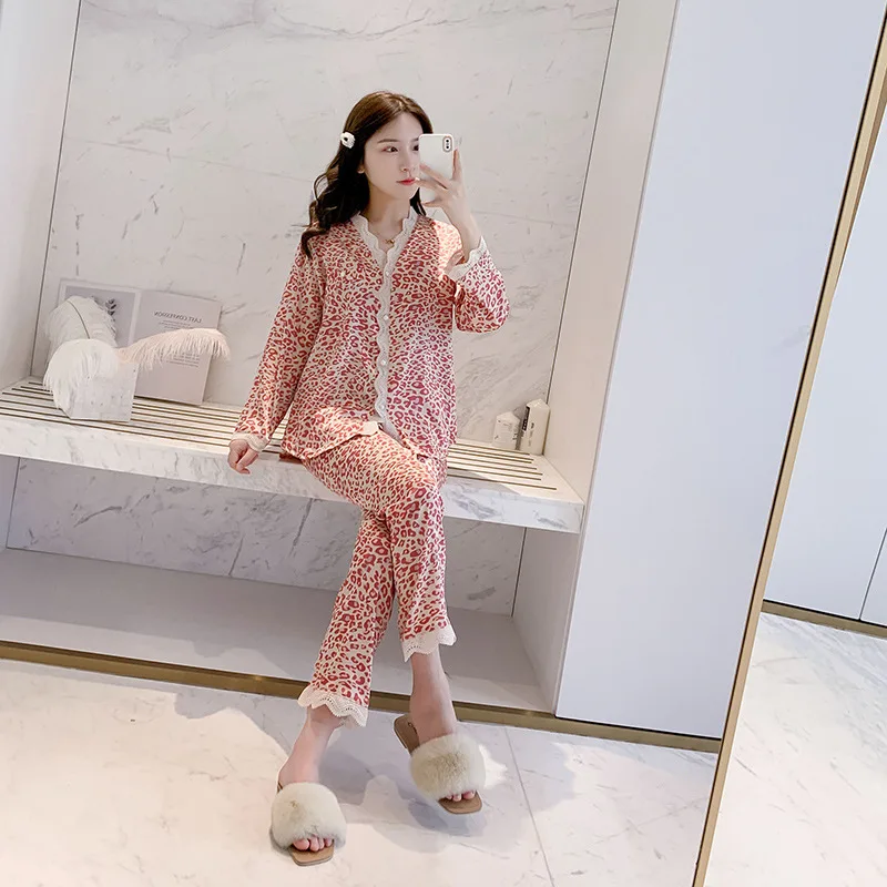 

2021 New Lounge Wear Women Pajamas Set Casual Shirt&Pants Satin Leopard 2PCS Sleepwear Intimate Lingerie With Lace Homewear