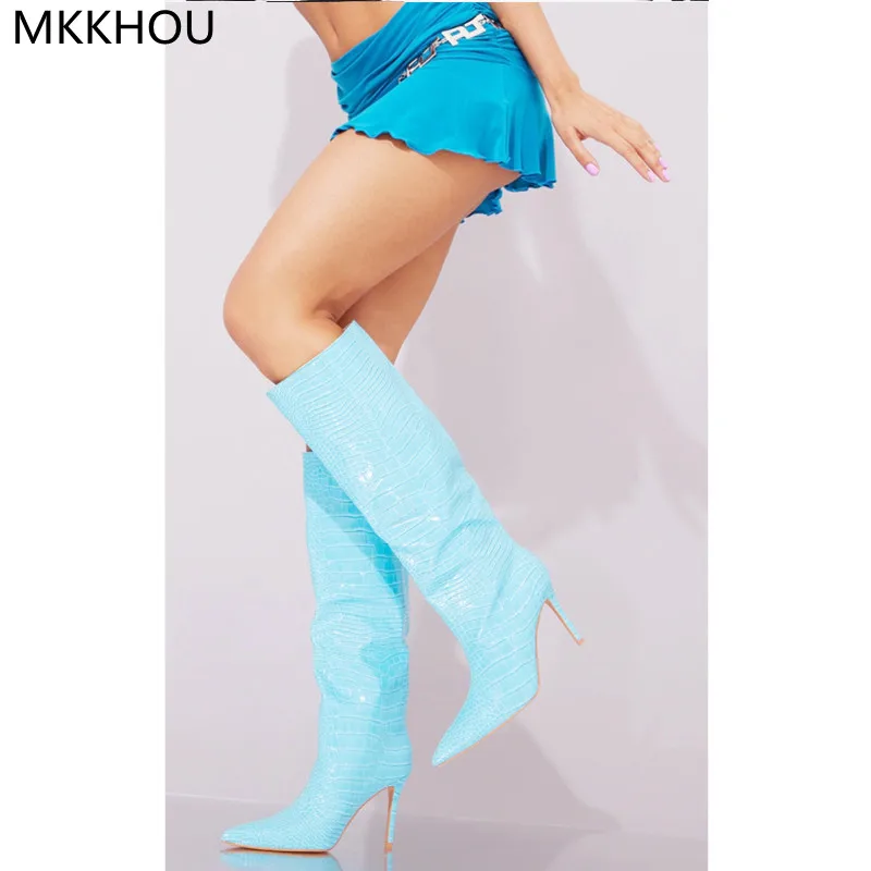 

MKKHOU Fashion Knee-Length Women Boots New Crocodile Pattern Blue High Boots Pointed Toe Stiletto 12cm High Heel Long Boots