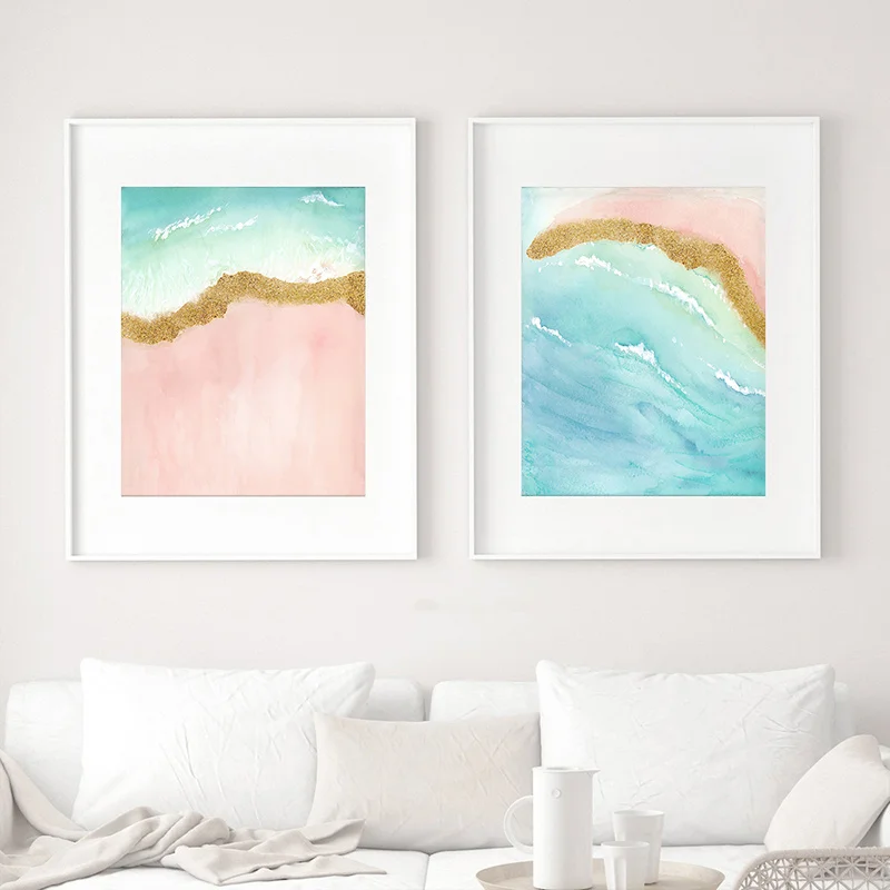 Простой скандинавский абстрактный розовый акварель морской пляж Золотая фольга