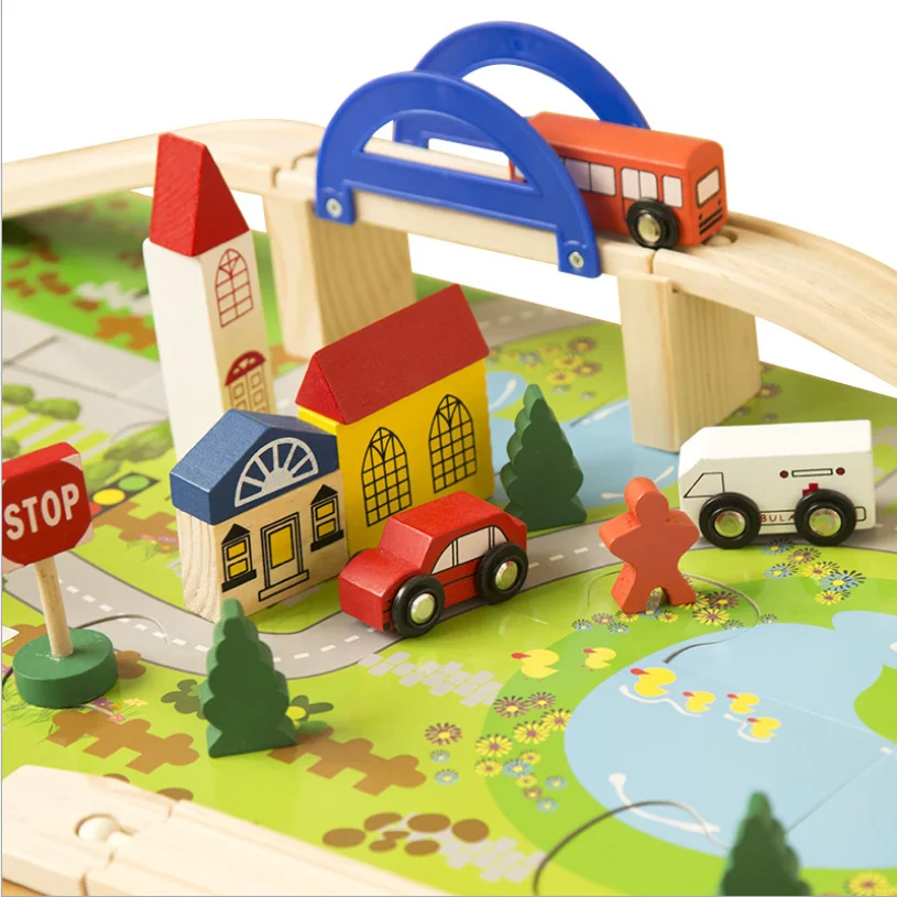 

2020 New DIY Wooden city Train Track Building Blocks Assemble Traffic overpass Toy Vehicles for kids Christmas Gifts