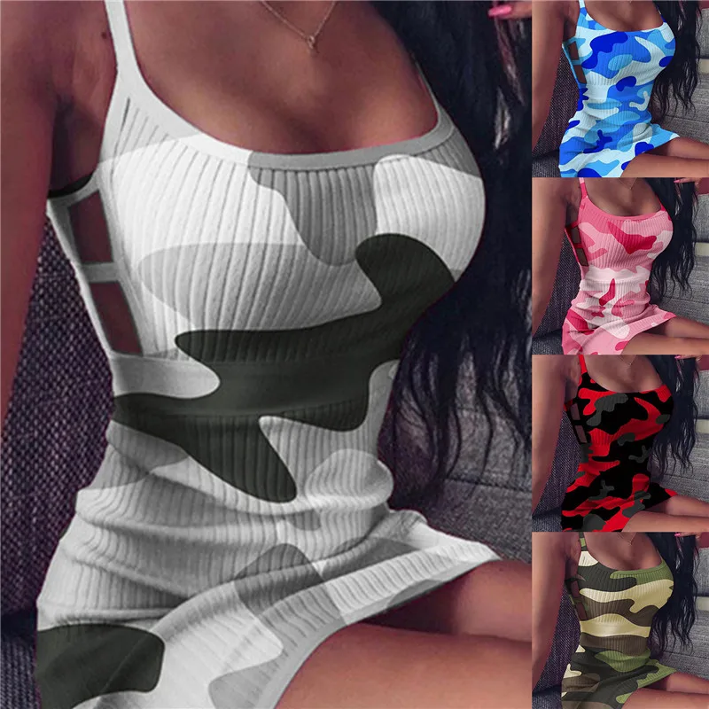 

2021 Summer Women Sexy Sleeveless Ribbed Camouflage Print Club Bodycon Sling Dress Beach Dress