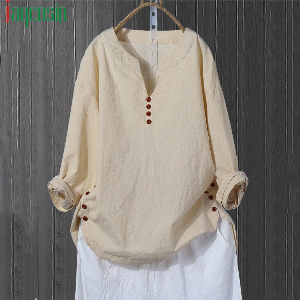 Женская футболка из хлопка и льна с длинными рукавами повседневные винтажные