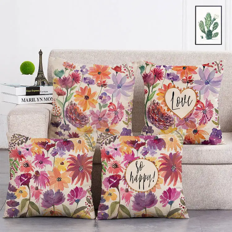 

Colorful Flower Linen Cushion Decorative Living Room Kids Cushion Cover Flower Love Pillow Cover Sofa New Variety T58
