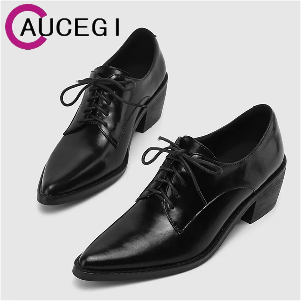 

Aucegi New Big Size 34-43 Top Quality Leather Pointed Toe Women Pumps Square Heel Lace Up Ladies Office Oxfords Shoes Black