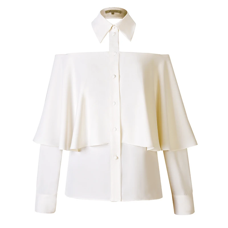 

[EAM] Women Strapless Ruffles Backless Blouse New Lapel Long Sleeve Loose Fit Shirt Fashion Tide Spring Autumn 2021 1B148